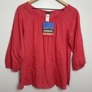 Patagonia Women's Medium 3/4 Sleeve Cotton Tropic Blouse Top Coral NEW Defects‎